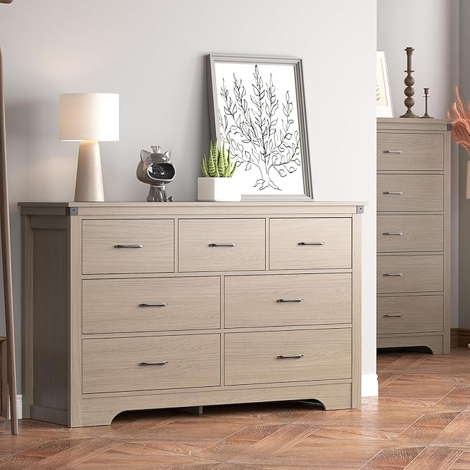 Farmhouse 7 Drawer Dresser for Bedroom, 51" Wide Chest of Drawers, Wooden Dresser TV Stand, Storage Dressers Organizer for Bedroom, Living Room, Hallway, Light Rustic Oak