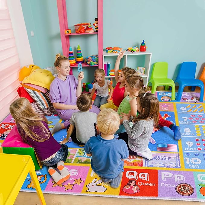 Kids Rugs for Playroom - Soft & Non-Slip 7x9 Feet Educational Rug for Learning ABC Alphabet, Numbers, Shapes & Map, Washable Classroom Rug for Toddler Nursery & Kids Room Decor
