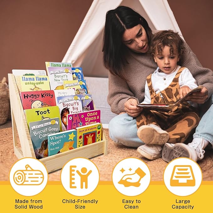 TONGMO 5-Tier Montessori Bookshelf - Front Facing Kids Bookshelf with Back Storage, Perfect for Toddler, Children's Room, and Reading Nook (Natural)