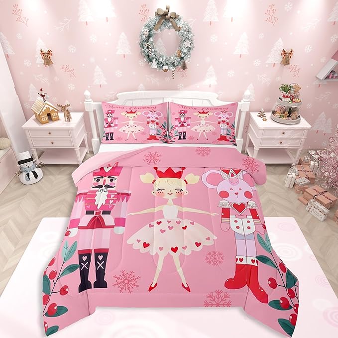Feelyou Pink Christmas Comforter Set All Season Nutcracker Bedding Set with 1 Pillow Cases Mouse King Microfiber Kids Toddler Bedclothes Royal Guarder Ballet Princess Bedroom Decor Duvet Quilt Soft