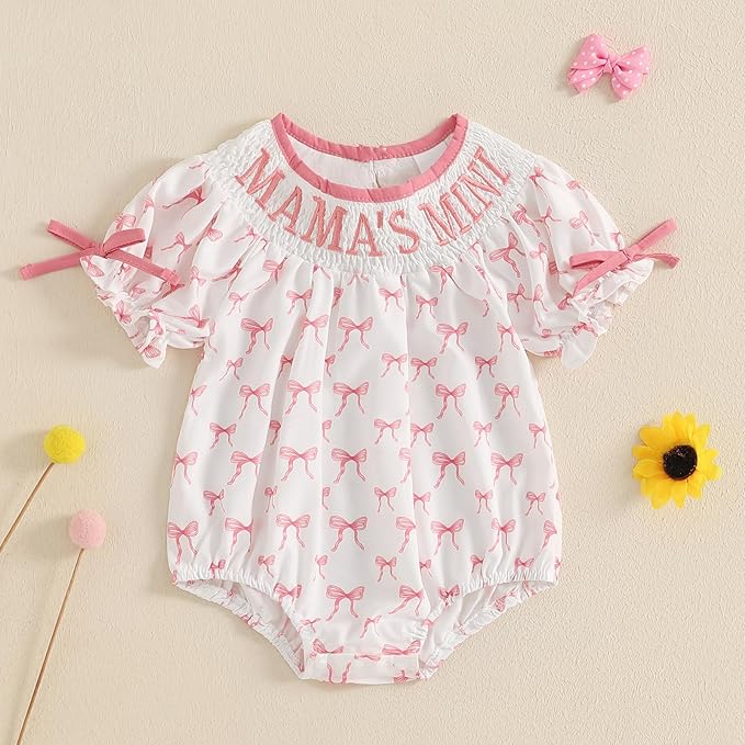 Newborn Baby Girl Romper Mamas Mini Bow Plaid Print Puff Sleeve Smocked Bubble Romper Jumpsuit Bodysuit Clothes