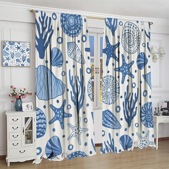 Coastal Nautical Curtains,Coral Starfish Seashell Beach Sea Starfish Seashell Theme Pattern Blackout Print Bedroom Living Room Window Treatmen 3 Panel Set 55x63 Inch