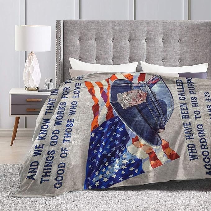Policeman Blanket Police Officer Throw Blanket Super Soft Flannel Lightweight Fluffy Plush Fuzzy Fleece Police Academy Graduation Blanket Gifts for Man Woman Prayer for Bed Sofa Bedding 60"X80"