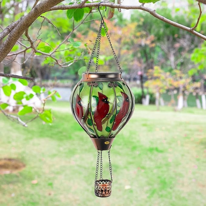 Larekook Cardinal Hot Air Balloon Solar Lantern Outdoor Waterproof,Solar Hot Air Balloon Lantern with Flame Flickering Hanging Garden Light for Patio Porch Yard Lawn,Cardinal Gifts for Women