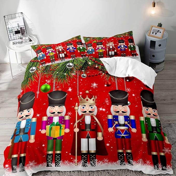 LUVIVIHOME 3PCS Christmas Nutcracker Duvet Cover Queen Bedding Set, Teen Boys Girls Kids Bedding, Christmas Balls Snowflake Winter Holiday Festival Xmas Gifts Red Comforter Quilt Cover, 2 Pillow Shams