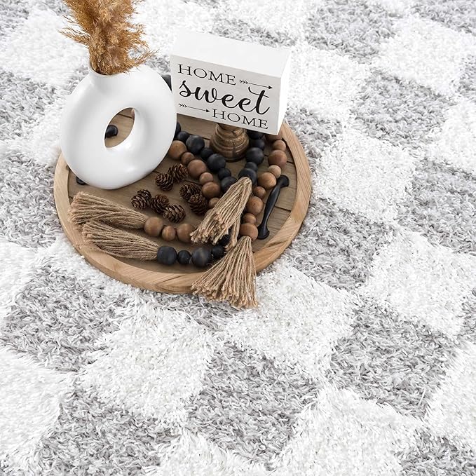 BoutiqueRugs Atira Modern Checkered Shag Area Rug - High Pile Fluffy Shaggy Carpet -Kids Room, Nursery, Living Room Shaggy Carpet - Light Gray, Cream, White - 7'10" X 10'3" (8x10)