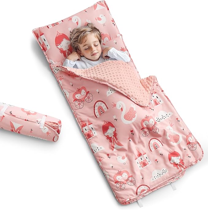Toddler Nap Mat with Removable Pillow & Minky Blanket Sleeping Bag for Kids Handle & Fastening Nap Mats for Preschool Daycare Kindergarten Kids Sleeping Bag (Ages 2-7 Years) Blue Dinosaur