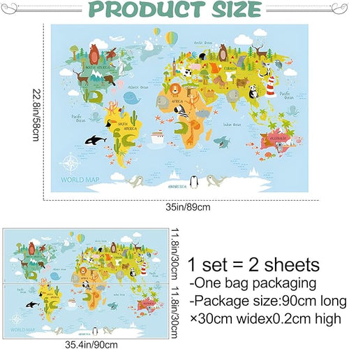 Animal World Map Wall Decals Kids Educational Learning Landmarks Wall Stickers Jungle Wild Animal Wall Art Decal Removable World Map Simple Cute Animal Wall Murals for Kids Calssroom Decor