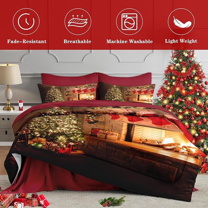 7 Pcs Full Size Christmas Comforter Set with 2 Pillowcases & 2 Shams, Vintage Fireplace Tree Bedding for Kids and Adults, Winter Holiday Red Socks Bed in a Bag with Flat Fitted Sheet