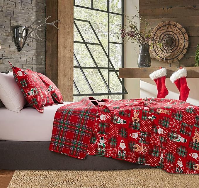 Christmas Quilt Set King Size Bedding Reversible Red Green Christmas Plaid Patchwork Quilt Home Holiday Xmas Bedding Bed Set Lightweight Quilt Bedspread Coverlet,Snowman