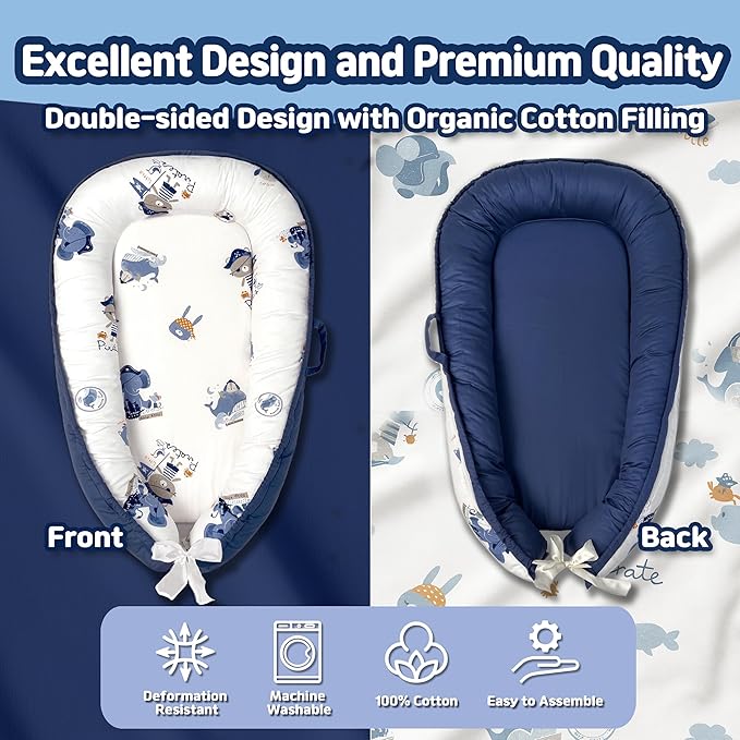 Baby Lounger for Newborn 0–24 Months, Baby Pillow & Baby Nest Lounger, Organic Cotton Breathable Infant Pillow, Portable Baby Nest for Home & Travel (Blue)