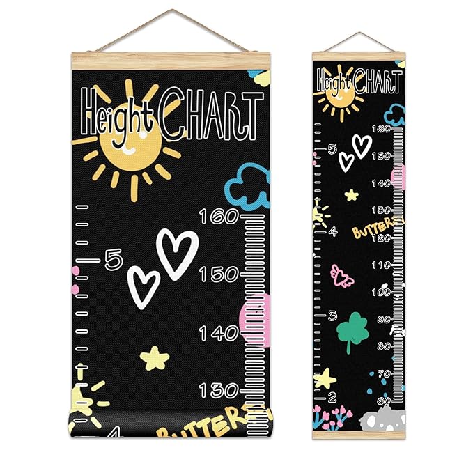 Kids Growth Chart Ruler for Wall Wood Frame Height Measure Chart 13.4x56 in Linen Hanging Height Growth Chart Koala Bear Flowers Rainbow Love Star Kids Room Decor