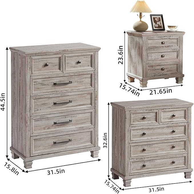 Farmhouse Bedroom Dresser and Nightstand Set of 4, 6 Drawer Tall & 5 Drawers Dresser & 3 Drawer Nightstand Set with Wooden Legs, Rustic Wood Furniture for Bedroom, Hallway, Grey