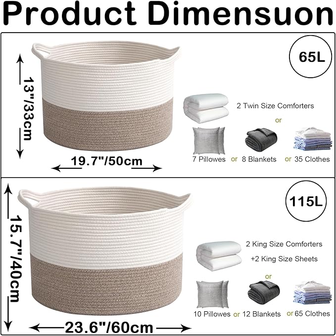Large Blanket Basket for Organizing,115L Closet Organizers and Storage Bins Box for Shelves Woven Rope Storage Baskets,Living Room,Bedroom,Dorm,Laundry room (White&Brown)