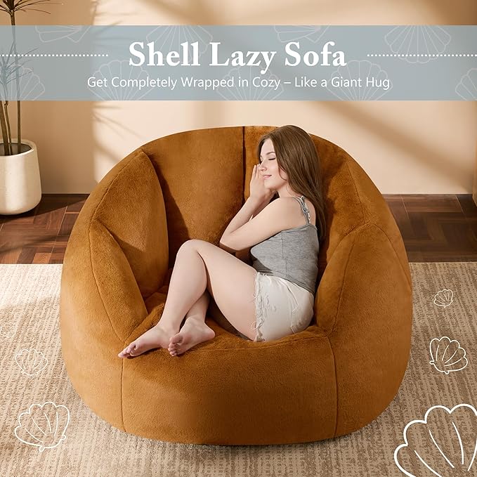 Giant Bean Bag Chair for Adults - Comfy Plush Round Shell Soft Accent Chair, Oversized Cozy Lounge Floor Sofa Reading Chair, Mini Couch for Living Room, Bedroom & Game Rooms, Dorm, Orange