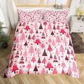 Manfei Cartoon Tree Duvet Cover Set King Size, Christmas Theme Bedding Set 3pcs for Kids Girls Adults, New Year Pink Plaid Comforter Cover Soft Polyester Quilt Cover with 2 Pillowcases,No Comforter