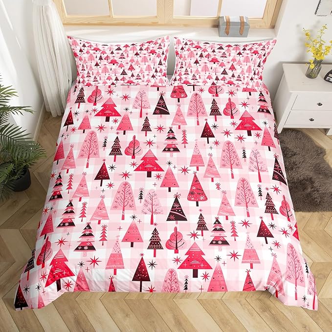 Manfei Cartoon Tree Duvet Cover Set Full Size, Christmas Theme Bedding Set 3pcs for Kids Girls Adults, New Year Pink Plaid Comforter Cover Soft Polyester Quilt Cover with 2 Pillowcases,No Comforter
