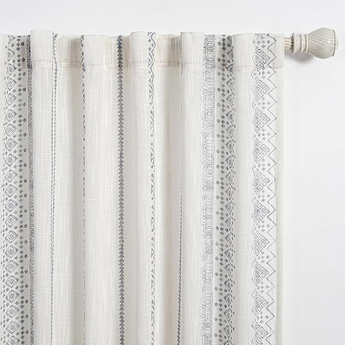 MEETSKY Light Filtering Curtains 95 Inches Long Boho Cotton Curtains for Dining Room Bohemian Geometric Printed Linen Style Burlap Effect Modern Back Tab Window Drapes for Home
