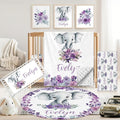 Personalized Baby Crib Bedding Set, 5 Pcs Custom Name Nursery Bedding Set for Girls Boys, Purple Elephant Baby Crib Set for Toddlers Infants, Double Layer Bedding Crib Sets Customized Gifts