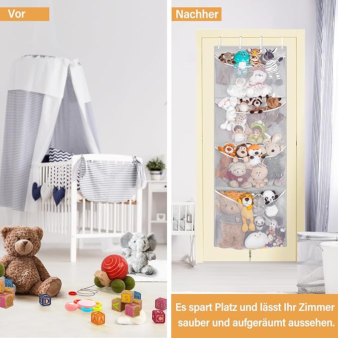 Hanging Stuffed Animal Storage, Over Door Large Plush Toy Organizer with Metal Hook, Baby Accessory Holder Idea for Nursery, Doll & Bear Mesh Hammock Bag for Girl Boy Kid Room