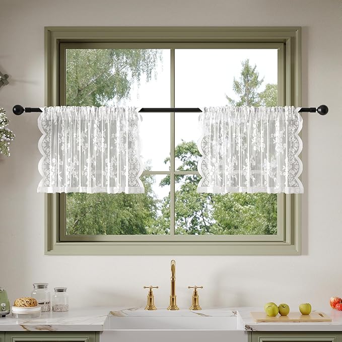 Anmao Vintage Lace Kitchen Curtains 18 Inches Long 2 Panels, Romantic Semi Sheer Floral Over Sink Lacy Cafe Curtain, Elegant Window Short Small Drapes, 55W x 18L, White Rose