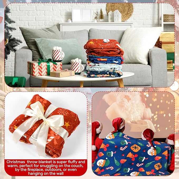 Buryeah 4 Pack Christmas Throw Blankets Bulk Snowman, Igloo, Santa Claus, Bells, Xmas Tree Soft Cozy Christmas Plush Flannel Blanket for Sofa, Bed, Couch, Home Decor Xmas Supplies, 50 x 60 Inches