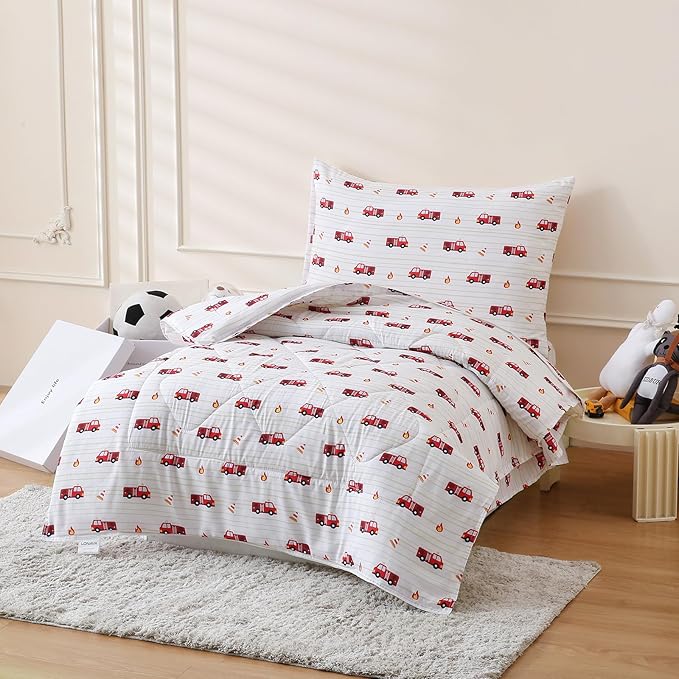 LONAVA Twin Kids Comforter Set - 4 Pieces Twin Bedding Sets for Boys Girls Children, Ultra Soft Microfiber Bed in A Bag with Flat Fitted Sheets, Fire Truck