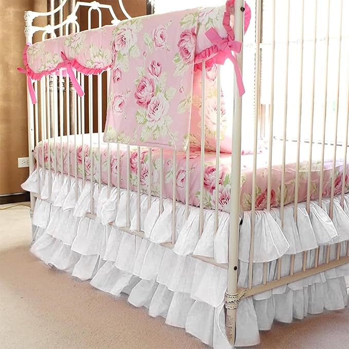 Ruffled Crib Bed Skirt: 3 Tiered Ruffled Crib Skirt Baby Girl Nursery Toddler Bedding Dust Ruffle, 17.7" Deep Drop- Fits Standard Cribs,28"x 52" (White)