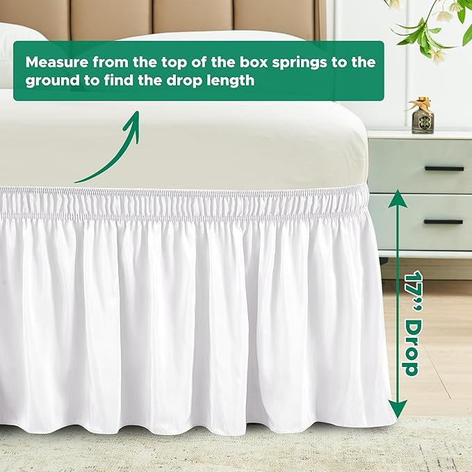 Biscaynebay Wrap Around Bed Skirts for King & Cal King Beds 17" Drop, White Adjustable Elastic Dust Ruffles Easy Fit Wrinkle & Fade Resistant Silky Luxurious Fabric Solid Machine Washable