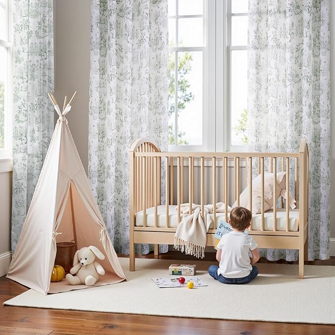 jinchan Linen Nursery Curtains 84 inch Long Woodland Wildlife Sage Green Print Drapes for Kid's Room Light Filtering French Country Farmhouse Curtains with Bunny and Forest Design Set of 2 Panels