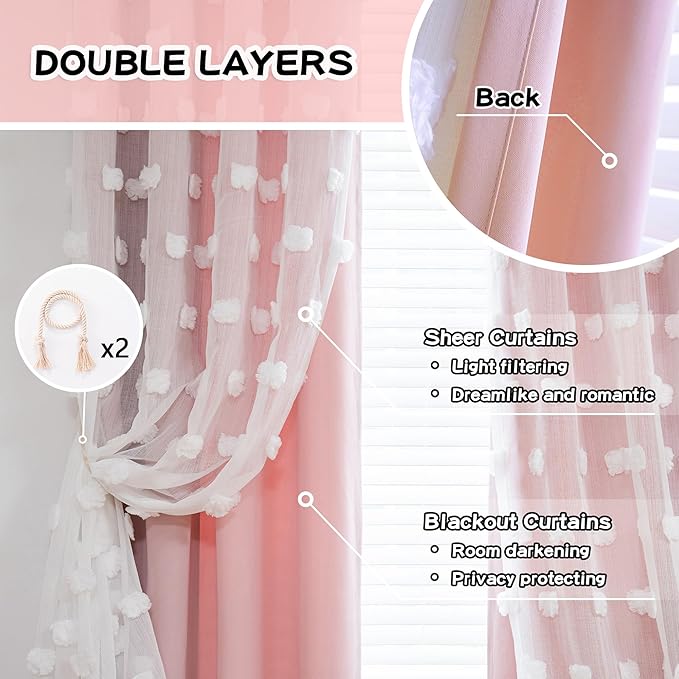 MYSKY HOME Pink Curtains for Girls Bedroom 54 Inches Long Kids Curtain with White Pom Pom Sheer Short Curtains for Windows 2 Layered Drapes Grommet Room Darkening Nursey Curtain, 2 Panels, W52 X L54
