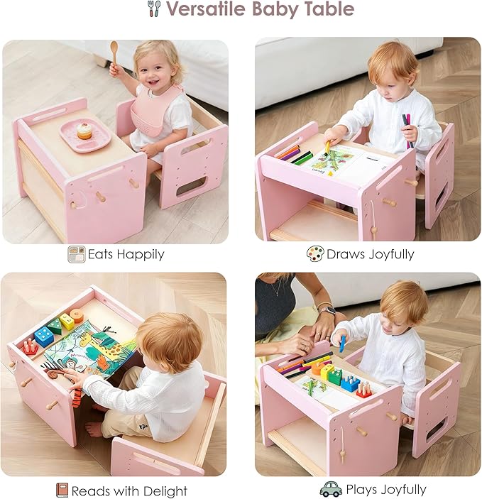Montessori Weaning Table and Chair Set - Adjustable Design for Toddlers, Ideal for Mealtime, Learning, and Play, Pink