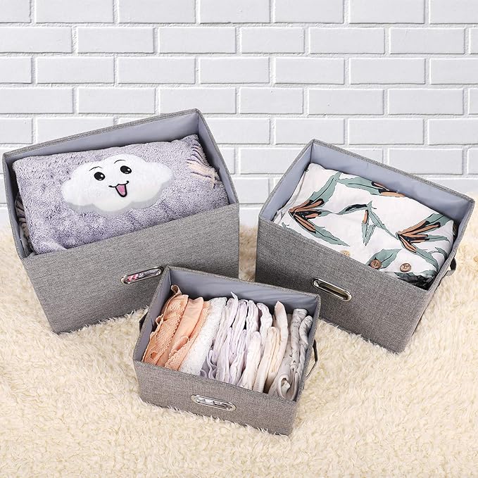 Linen Fabric Collapsible Storage Bins with Removable Lids and Handles, Washable Storage Box Containers Baskets Cube with Cover for Bedroom,Closet,Office,Living Room,Nursery (Khaki, Medium)