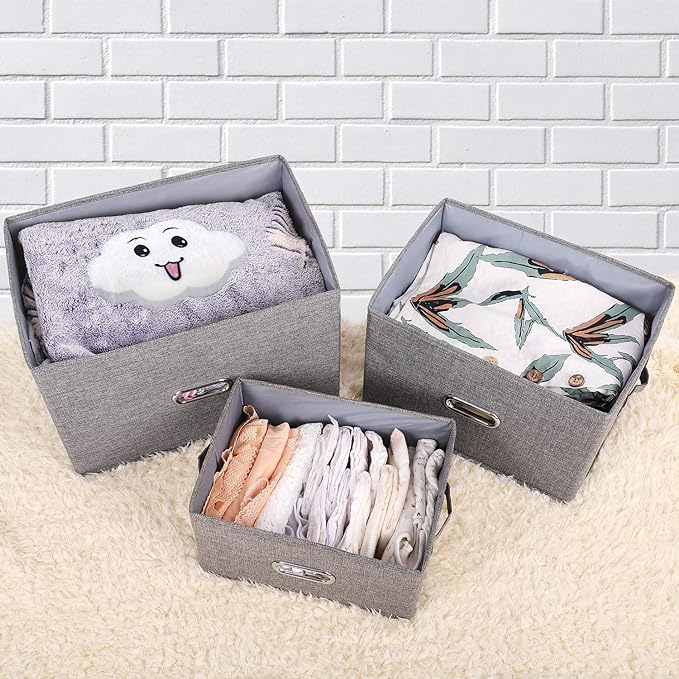 Large Linen Fabric Foldable Storage Bins with Removable Lid and Handles, Washable Storage Box Organizer Containers Baskets Cube with Cover for Bedroom,Office(Black, Medium)