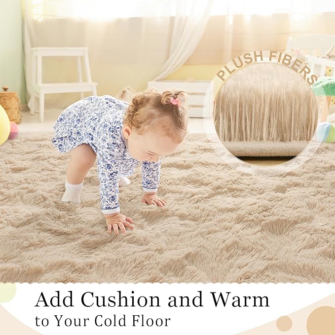 BENRON Fluffy Rugs for Living Room 5x8 Light Tan, Washable Large Area Rugs for Bedroom Dining Table Office Kids Nursery Room, Washable Indoor Floor Carpets