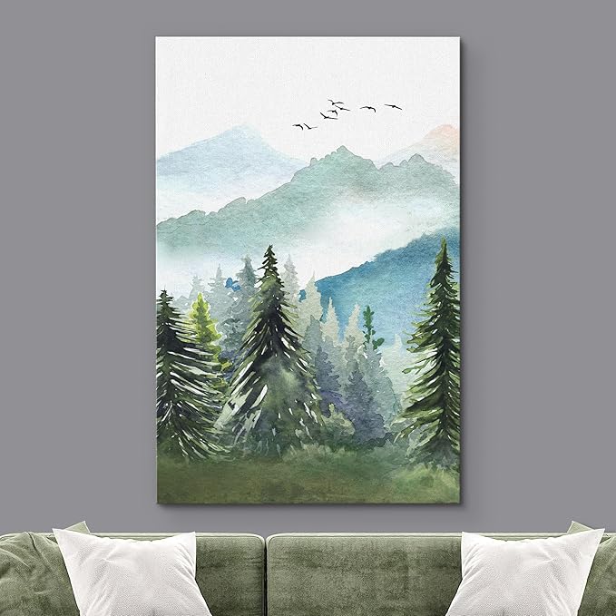 SIGNWIN Canvas Print Wall Art Watercolor Green Forest Tree Mountain Range Nature Landscape Prints Modern Art Woodland Nursery Decor for Living Room, Bedroom, Office - 16"x24"