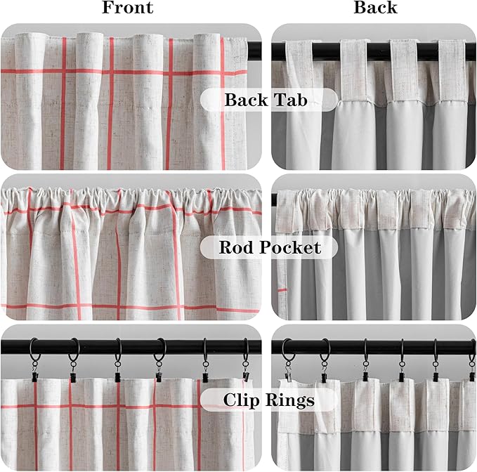 MYSKY HOME 100% Blackout Plaid Linen Farmhouse Curtains 63 Inches Long for Girls Bedroom Double Layer Thermal Insulated Striped Print Drapes with Rod Pocket Back Tab, 2 Panels, 52 x 63 Inch, Pink