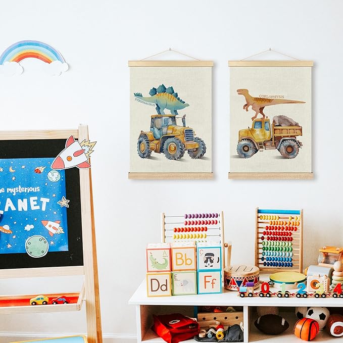 BCUANGD Dinosaur and Construction Truck Wall Decor - Dino Poster Hanger with Wood Frames Set of 2, Kids Car Vehicles Wall Hanging Canvas Decor for Kids Room Nursery Playroom, 12x16 Inches 482
