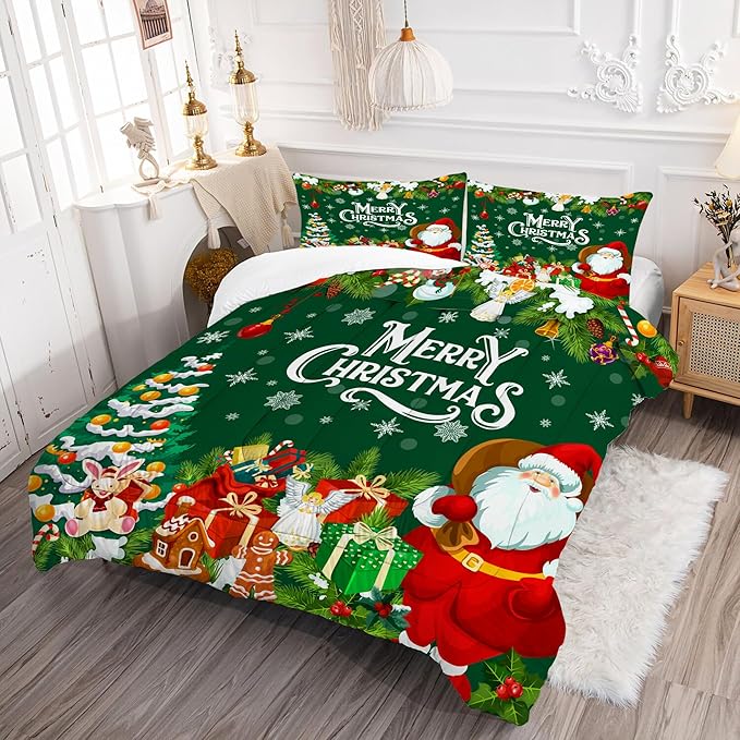 Green Christmas Comforter Queen: Merry Xmas Santa Claus Bedding Set Queen Size for Teens Adults Kids Pine Tree Gifts Gingerbread Quilt Bed Set 1 Comforter & 2 Pillowcases