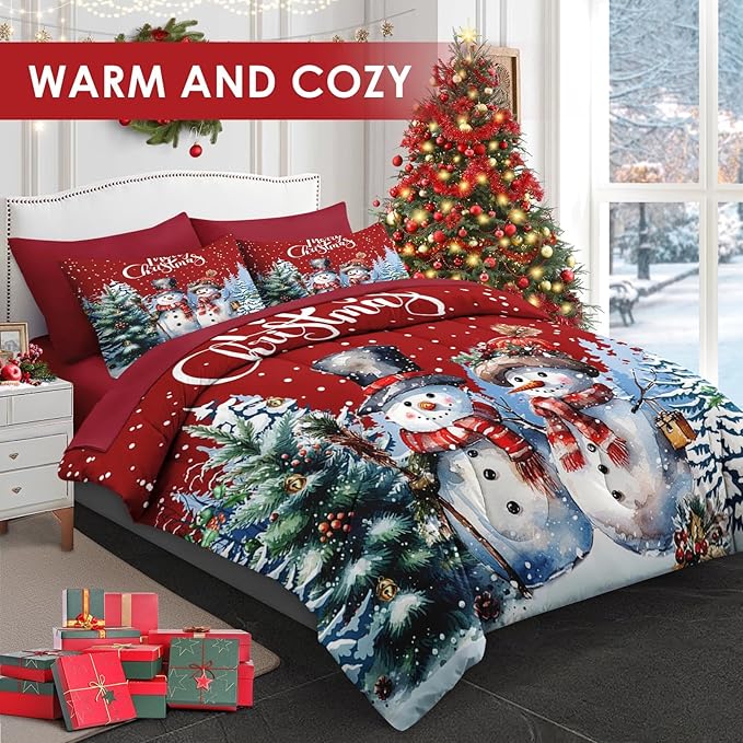5 Pcs Twin Size Christmas Comforter Set with Pillowcase & Sham, Winter Wonderland Bedding for Kids and Adults, Happy Snowman Bed in a Bag with Flat Fitted Sheet