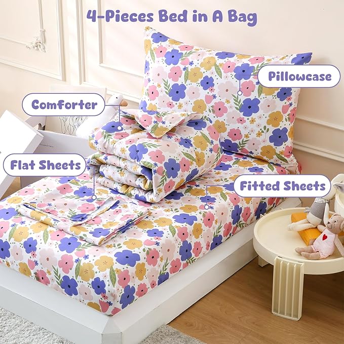 LONAVA Twin Kids Comforter Set - 4 Pieces Twin Bedding Sets for Boys Girls Children, Ultra Soft Microfiber Bed in A Bag with Flat Fitted Sheets, Flower