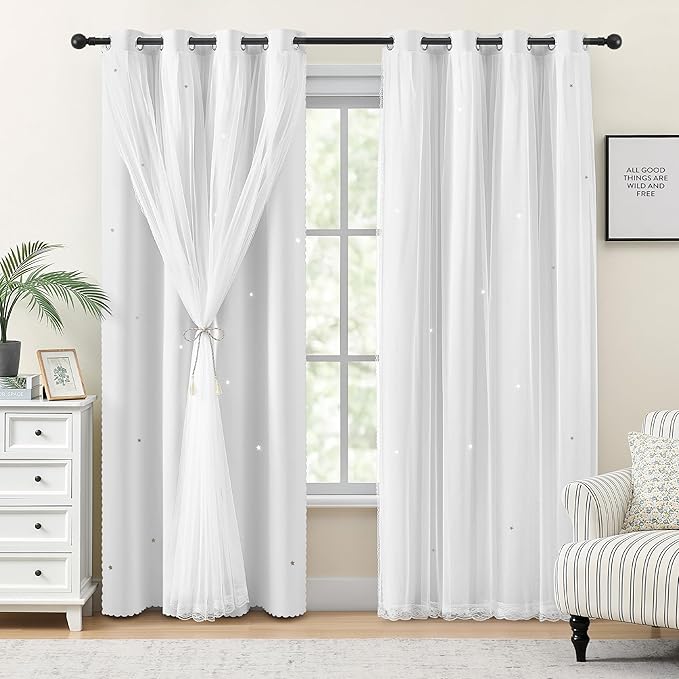 XiDi White Curtains 96 Inches Long for Girls Bedroom Living Room Privacy Room Darkening Double Layer Curtains with Sheer Overlay for Kids Toddler Princess Nursery Room Grommet Window Drapes W34 X L96