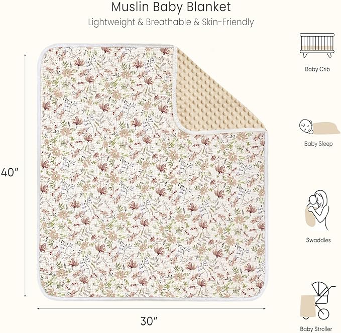 lulumoon Baby Blanket for Girls Floral: Soft Double Layer Minky Dot Backing - Warm Travel Stroller Blanket for Newborns 30"x40"(Floral)