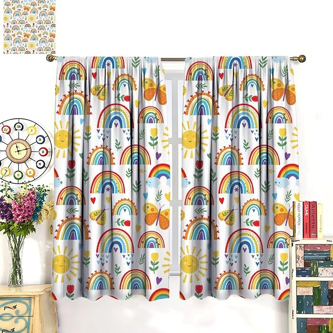 Boho Rainbow Curtains for Kids Nursery Colorful Floral Sun Star Clouds Pastel Bohemian Pattern Print Window Drapes for Girl Bedroom Living Room Kitchen Decor,2 Panel Set,55Wx63H Inch Blackout
