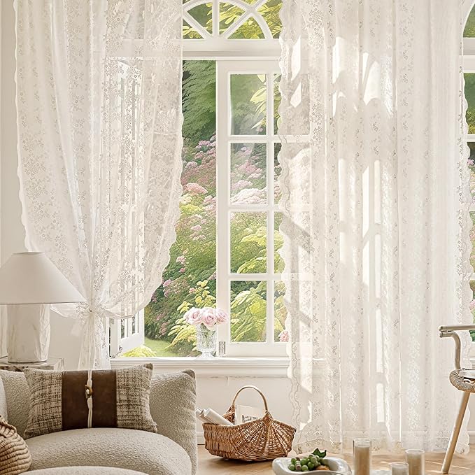 Anmao Vintage Lace Curtains 84 Inches Long 2 Panels Set, Romantic Elegant Light Filtering Semi Sheer Floral Thick Lacy Curtain Drapes for Living Room and Bedroom, Each Panel 55W x 84L, Beige Plum