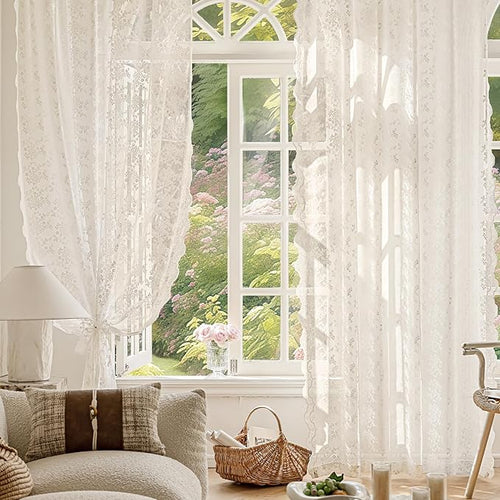 Anmao Vintage Lace Curtains 84 Inches Long 2 Panels Set, Romantic Elegant Light Filtering Semi Sheer Floral Thick Lacy Curtain Drapes for Living Room and Bedroom, Each Panel 55W x 84L, Beige Plum
