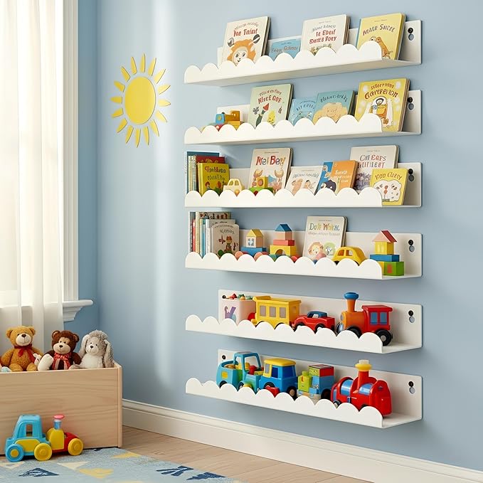 Nursery Book Shelves Set of 6, White Metal Floating Shelves for Wall, 16 Inch Scalloped Book Shelf for Kids Room, Bathroom, Bedroom, Playroom Wall Decor & Storage