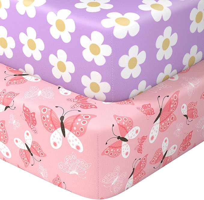 Pack N Play Sheets Fitted, 2-Pack Fit for Standard Pack N Play Mattress, Mini Crib Sheets,Breathable Soft Unisex Playard Sheets (Daisy & Black Butterfly)