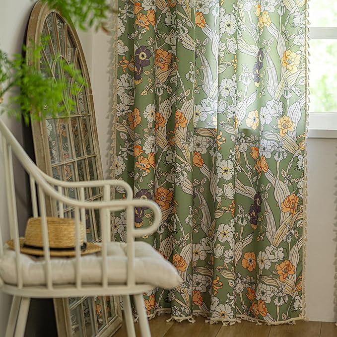 ENJOYBRIDAL Floral 63 Inch Curtains for Living Room Semi Sheer Drapes Bedroom Cute 2 Panels Short Window Curtain Panels Boho Rod Pocket Country Farmhouse Dining Room Window Treatments