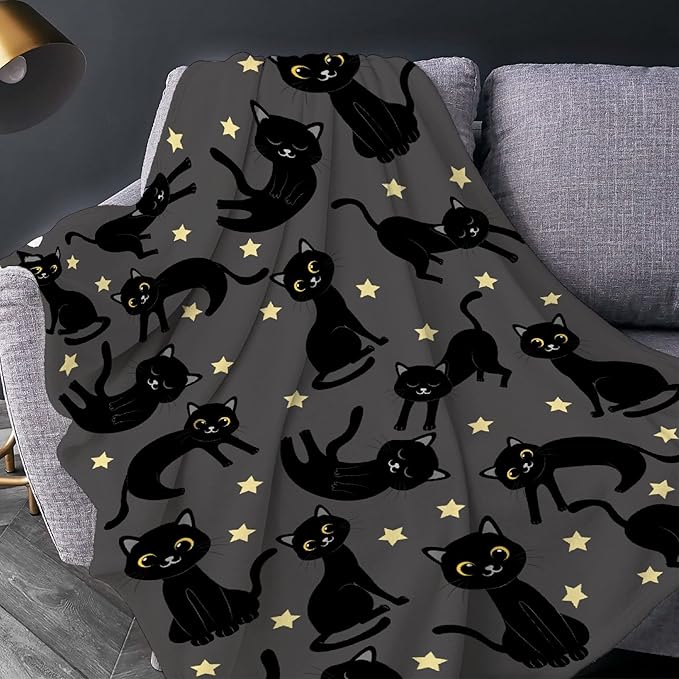 Thuswarm Cats and Stars in The Dark Flannel Throw Blanket Warm Cozy Soft Funny Print Blankets for Bed Couch Sofa Room Decoration Gifts 60”×50” Medium for Teen